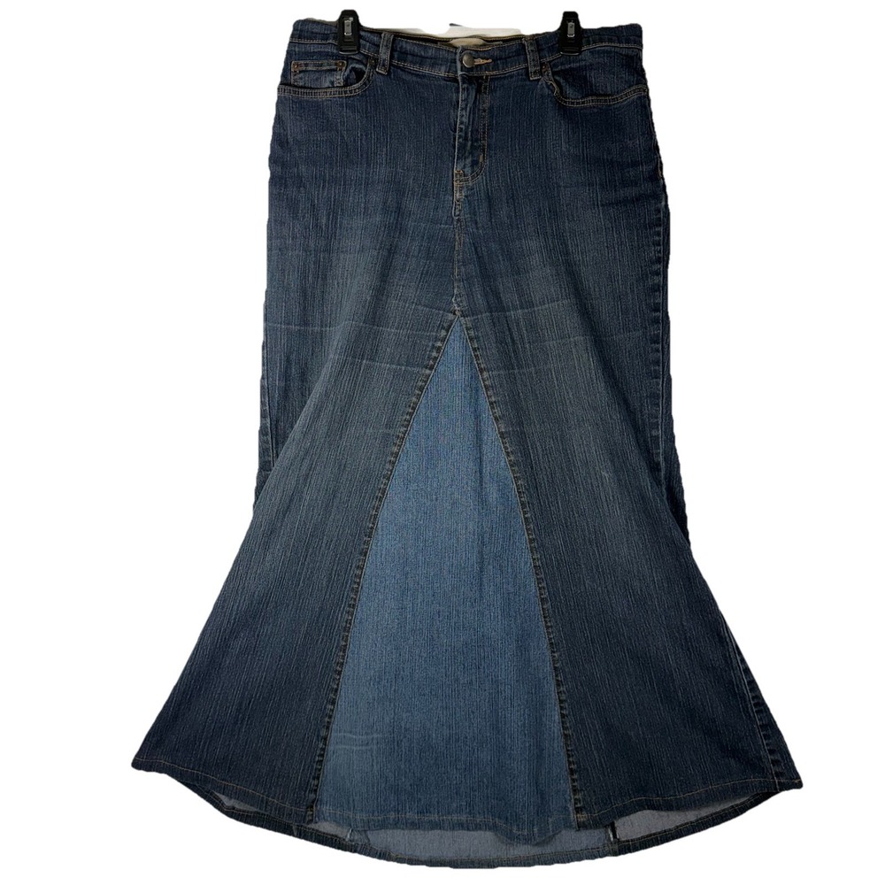 Vtg Venezia Two Toned Denim Maxi Skirt Size14 Flare Boho Western Mermaid Trumpet